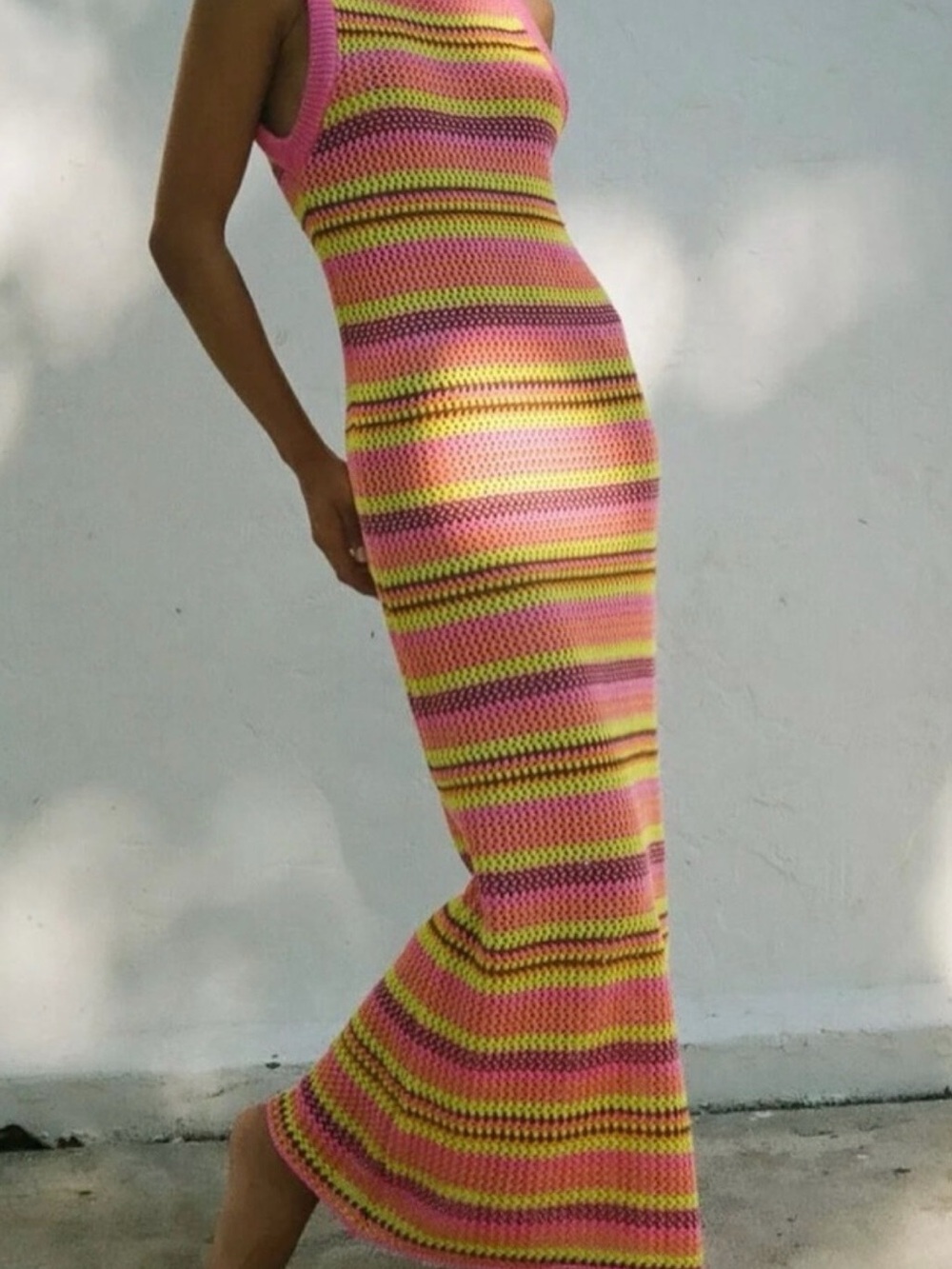 Zara Crochet Knit Striped Sleeveless Maxi Dress Pink Multicolor Small